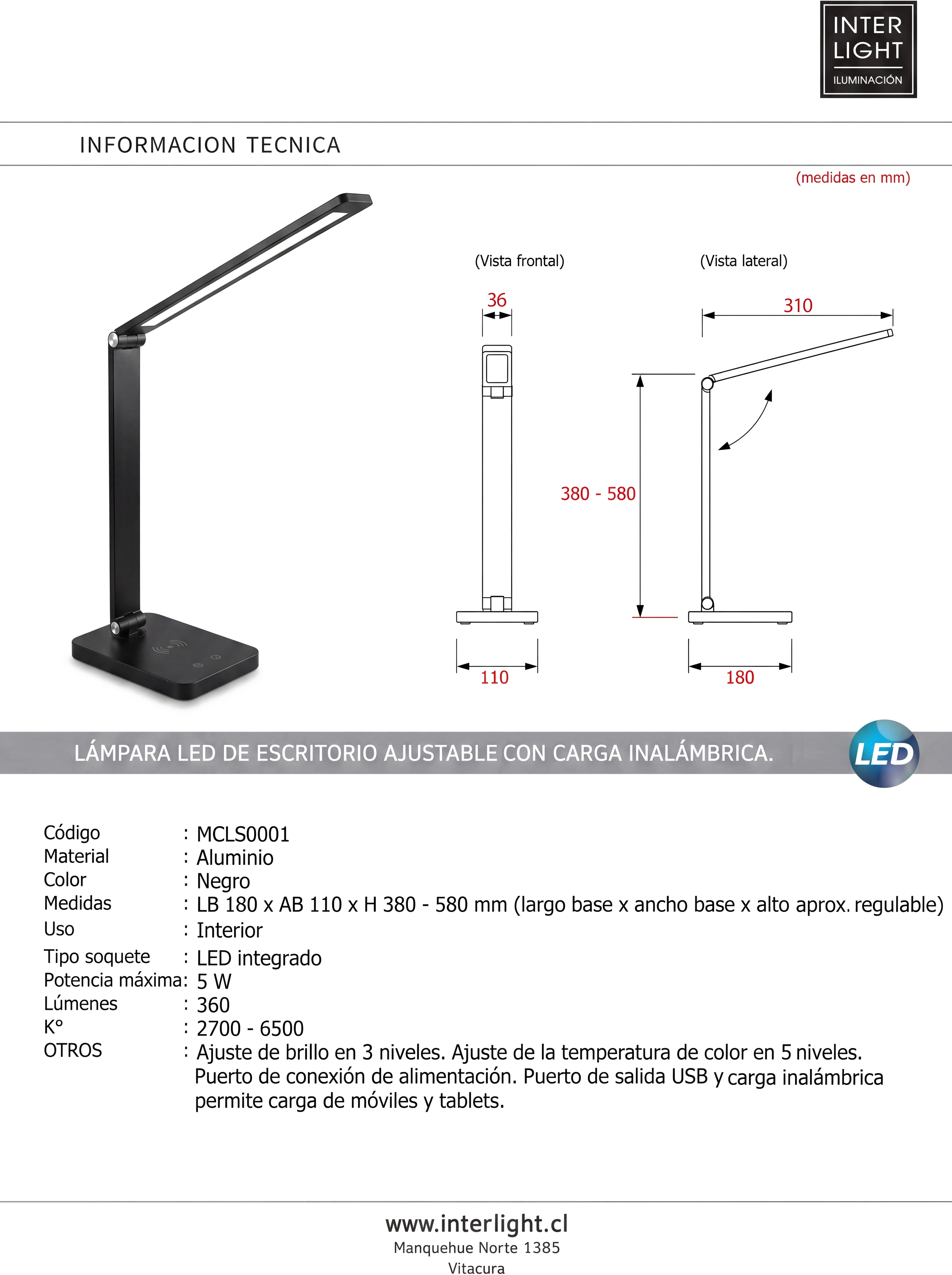Lámpara sobremesa metal negro dirigible LED 5W - MCLS0001