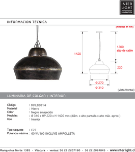 Lámpara colgante metal negro Ø31 cm E27 - MFLC0014