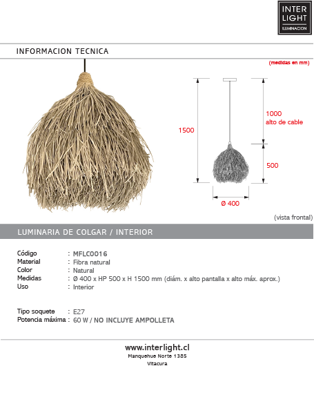 Lámpara colgante fibra natural Ø40x50 cm E27 - MFLC0016
