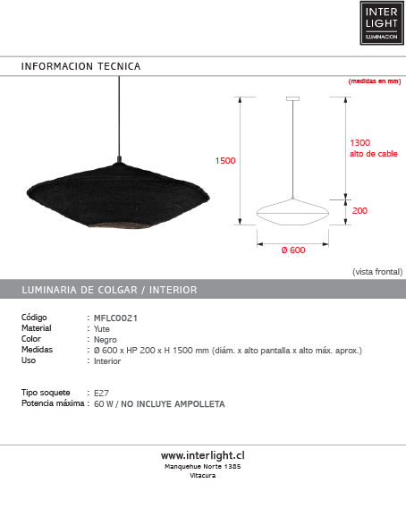 Lámpara colgante yute negro Ø60x20 cm E27 - MFLC0021