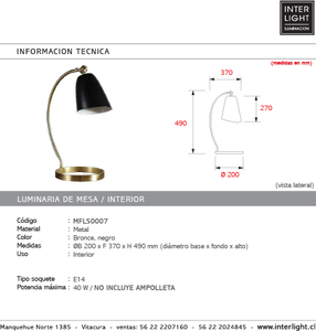Lámpara sobremesa metal negro bronce Ø20x37x49 cmcm E14 - MFLS0007