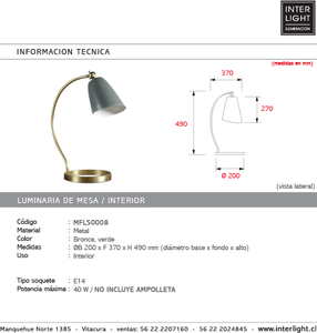 Lámpara sobremesa metal verde bronce Ø20x37x49 cmcm E14 - MFLS0008