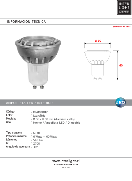 Ampolleta luz cálida GU10 LED 6W 30° grados de apertura - MIAM0007