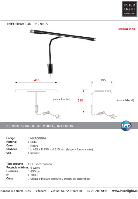 Alumbracuadro metal negro 43,5 cm LED 9W - MKAC0004