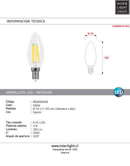 Ampolleta vintage transparente vela 4W E14 3000K - MUAM0006