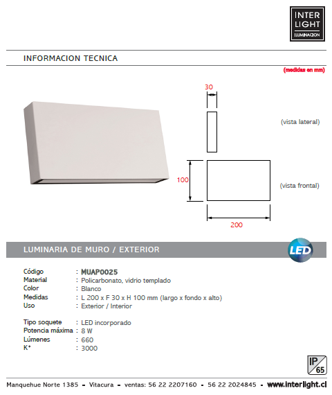 Apliqué policarbonato blanco exterior IP 65 20x10 cm LED 8W - MUAP0025
