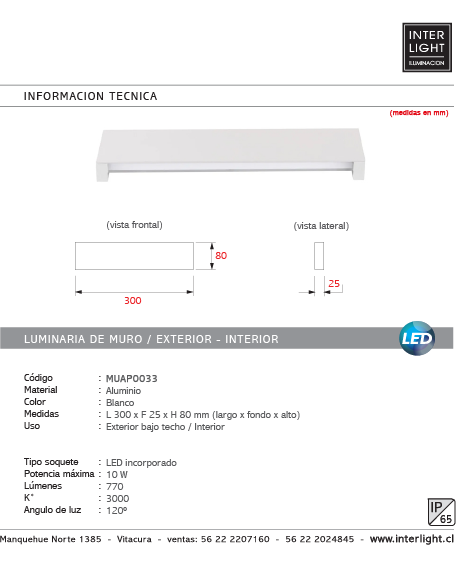 Apliqué aluminio blanco exterior interior IP65 30x8 cm LED 10W - MUAP0033