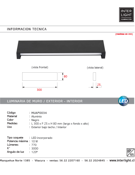 Apliqué aluminio negro exterior interior IP65 30x8 cm LED 10W - MUAP0034