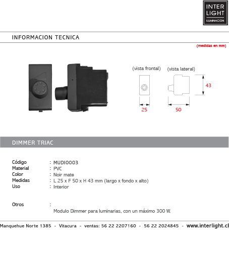 Dimmer triac NOIR MATE 300W - MUDI0003