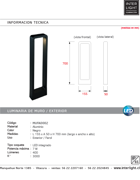 Farol aluminio negro exterior 15,5x70 cm LED 7W - MUFA0002