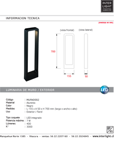Farol aluminio negro exterior 15,5x70 cm LED 7W - MUFA0002