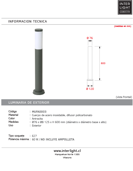 Farol exterior acero inoxidable antracita Ø7,6 cm IP65 cm E27 - MUFA0003