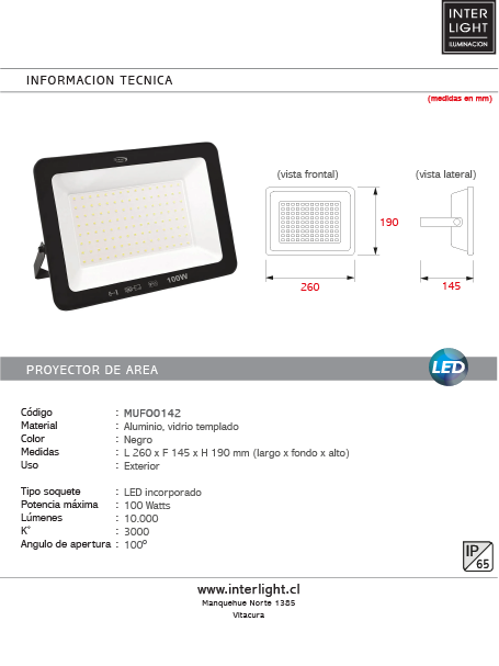 Proyector de área aluminio vidrio negro exterior IP65  26x19 cm  LED 100W - MUFO0142