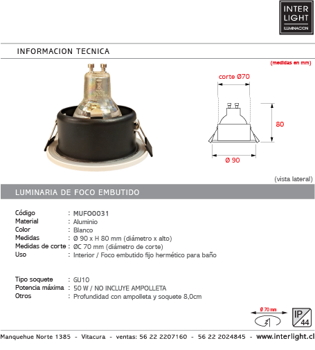Foco embutido aluminio blanco corte Ø 7cm GU10 IP44 - MUFO0031