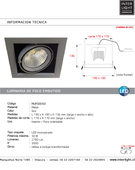 Foco embutido puzzle metal gris  corte 17x17 cm LED 30W - MUFO0050