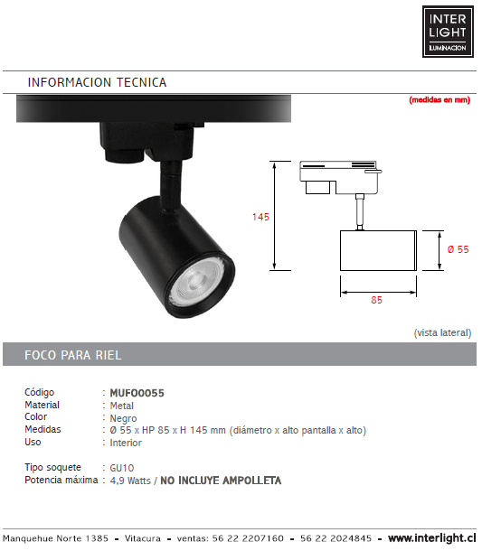 Foco riel metal negro Ø 5,5x14,6 cm GU10 - MUFO0055
