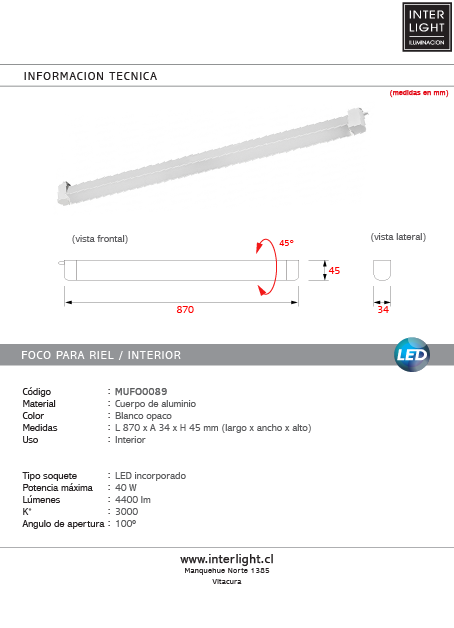 Foco riel aluminio blanco opaco 87x4,5 cm LED 40W - MUFO0090