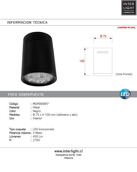 Foco metal negro sobrepuesto Ø 7,5x10 cm LED 5W - MUFO0097