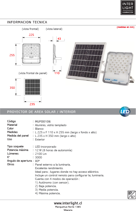 Proyector de área solar 12W 3000k IP67 - MUFO0106
