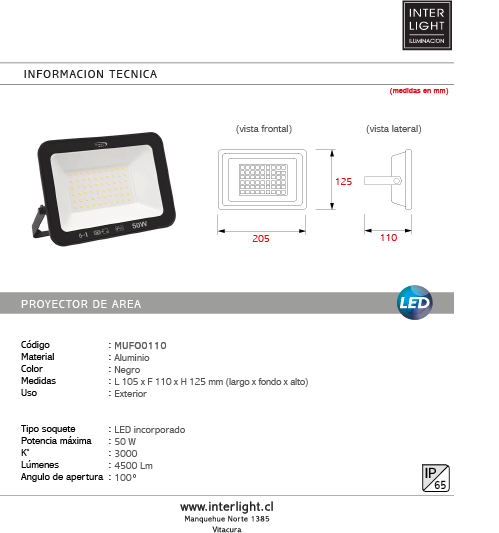 Proyector de área aluminio vidrio negro exterior IP65  17,5x12,5 cm  LED 50W - MUFO0110
