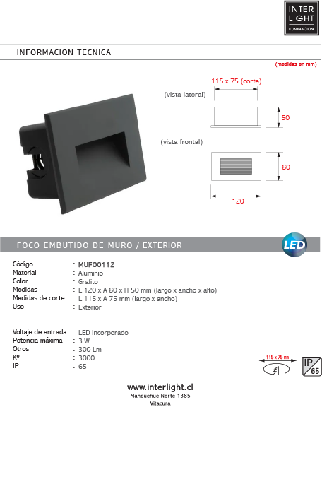 Foco embutido Grafito exterior 11.5x7.5 cm LED 3W IP65 - MUFO0112