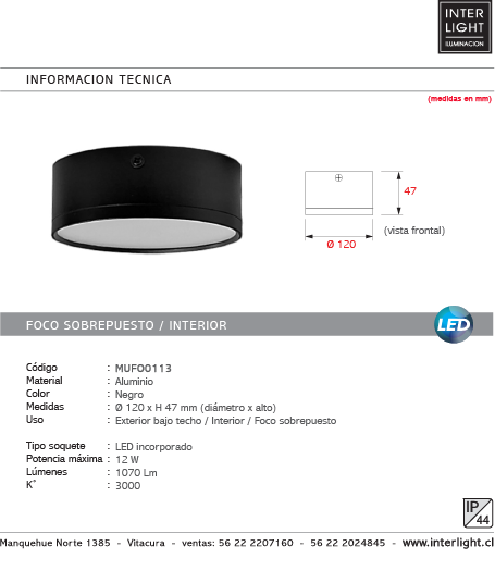 Foco metal negro sobrepuesto Ø 12x4,8 cm LED 12W IP44 - MUFO0113