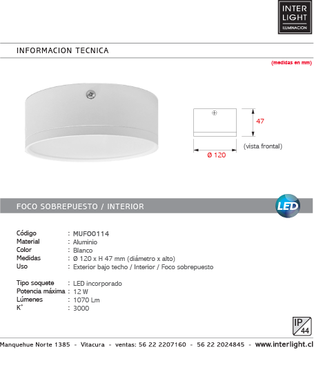 Foco metal blanco sobrepuesto Ø 12x4,8 cm LED 12W IP44 - MUFO0114