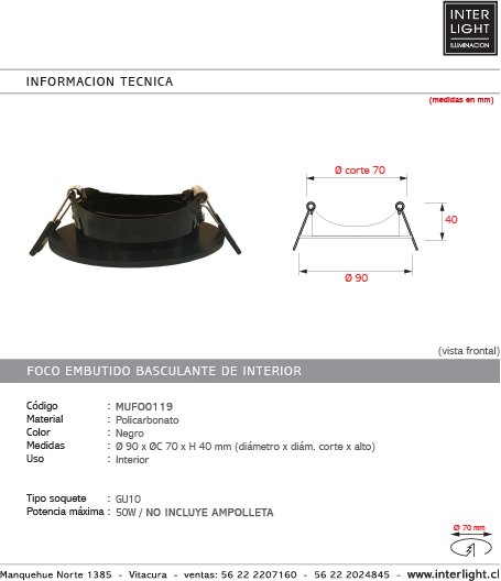 Foco embutido PVC negro Ø9 cm GU10 - MUFO0119