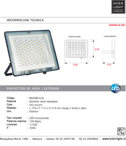 Proyector de área aluminio vidrio gris oscuro exterior IP66  27x21 cm  LED 100W - MUFO0124