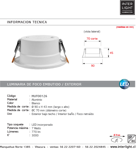 Foco embutido retraído aluminio blanco Ø9x4,3 cm LED 7W - MUFO0126