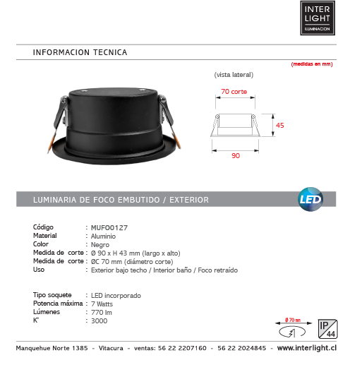 Foco embutido retraído aluminio negro Ø9x4,3 cm LED 7W IP44 - MUFO0127