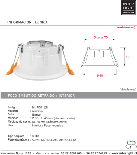 Foco embutido retraído metal blanco Ø9 cm GU10 - MUFO0128