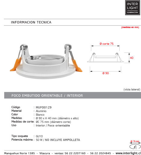 Foco embutido aluminio blanco Ø 9cm GU10 - MUFO0129