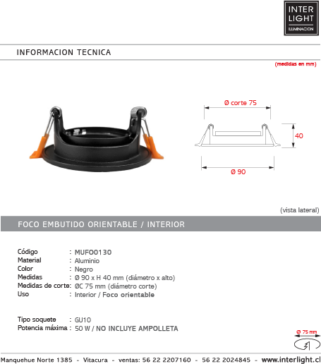 Foco embutido aluminio negro Ø 9cm GU10 - MUFO0130