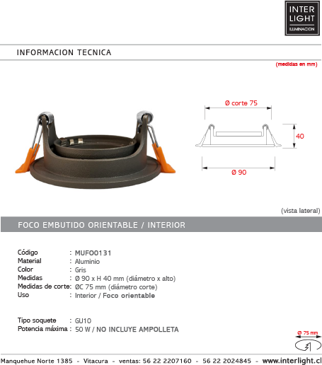 Foco embutido aluminio gris Ø 9 cm GU10 - MUFO0131