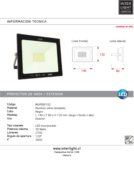 Proyector de área aluminio vidrio negro exterior IP66  14x12cm  LED 30 W - MUFO0132