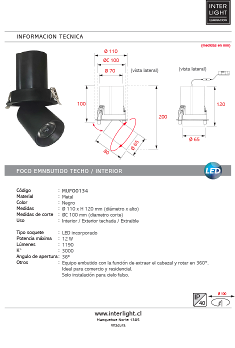 Foco embutido extraible aluminio negro 11 cm 12W LED - MUFO0134