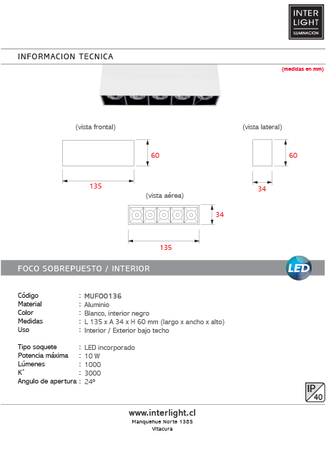 Foco sobrepuesto blanco interior negro0 LED 10W 13.5cm 3000K IP40 - MUFO0136