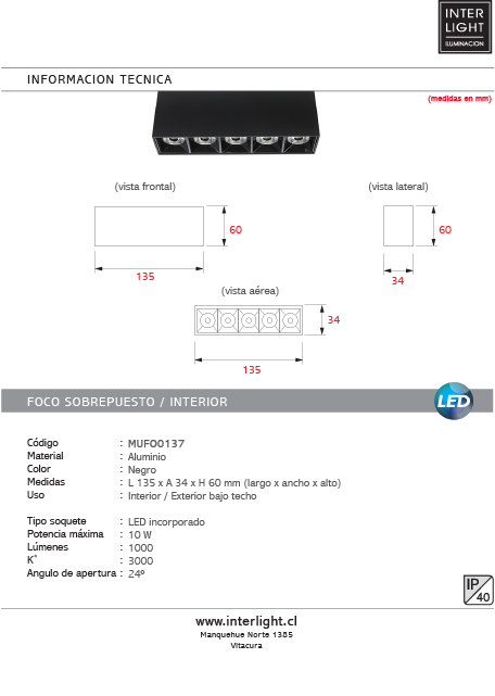 Foco sobrepuesto Negro LED 10W 13.5cm 3000K IP40 - MUFO0137