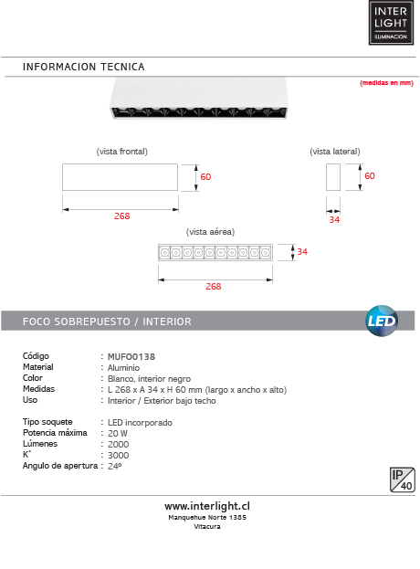 Foco sobrepuesto blanco interior negro LED 20W 26,8 cm 3000K IP40 - MUFO0138