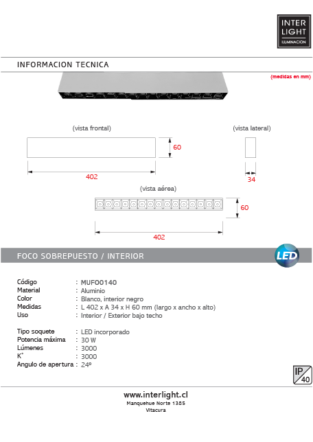 Foco sobrepuesto blanco interior negro LED 30W 40,2cm 3000K IP40 - MUFO0140