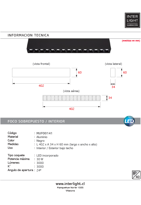 Foco sobrepuesto negro LED 30W 40,2 cm 3000K IP40 - MUFO0141