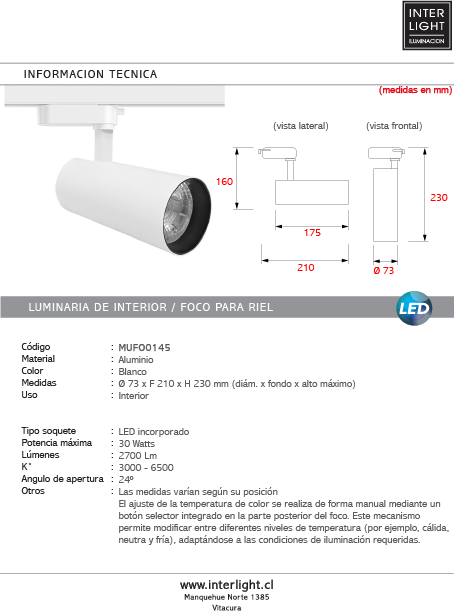 Foco riel aluminio blanco Ø 7,3x22 cm LED 30W - 3000K-4000K-6000K - MUFO0145
