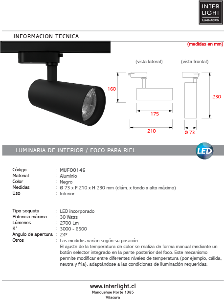 Foco riel metal negro Ø 7,3x21 cm LED 30W -3000K-4000K-6000K - MUFO0146