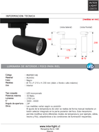 Foco riel metal negro Ø 7,3x21 cm LED 30W -3000K-4000K-6000K - MUFO0146