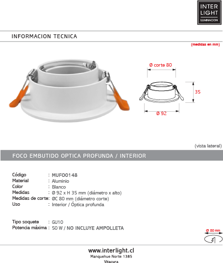 Foco aluminio blanco óptica profunda Ø9.2x3.5 cm GU10 - MUFO0148