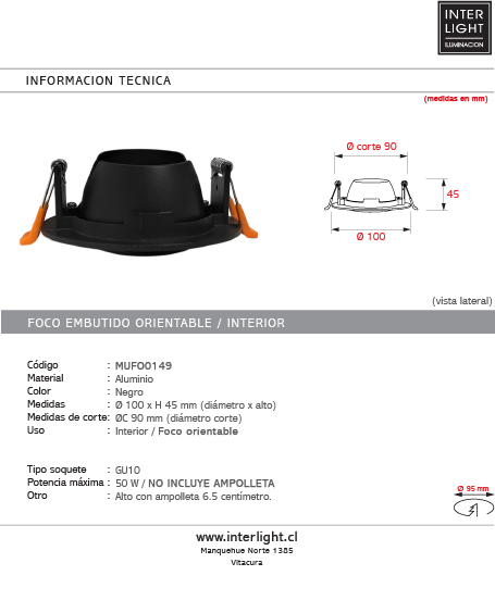 Foco orientable aluminio negro Ø10x4.5 cm  GU10  - MUFO0149