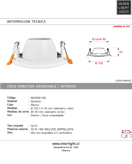 Foco orientable aluminio blanco Ø10x4.5 cm  GU10 - MUFO0150