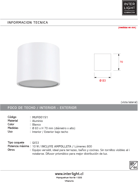 Foco sobrepuesto aluminio blanco Ø8,3x7 cm IP44 GX53 - MUFO0151
