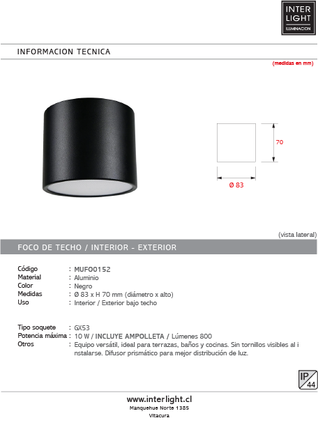 Foco sobrepuesto aluminio negro Ø8,3x7 cm IP44 GX53 - MUFO0152